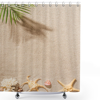Personality  Top View Of Seashells, Coral And Starfish Lying On Sandy Beach With Palm Branch Shower Curtains