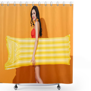 Personality  Happy Girl In Swimsuit Holding Inflatable Mattress On Orange  Shower Curtains
