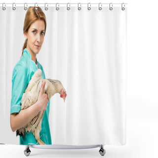Personality  Side View Of Veterinarian In Uniform Hooding Chicken Isolated On White Shower Curtains