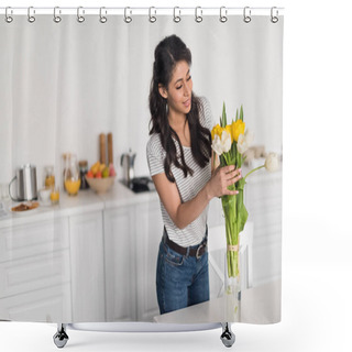 Personality  Attractive Young Woman Putting Floral Bouquet Into Vase Shower Curtains