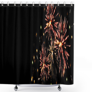 Personality  Panoramic Shot Of Traditional Red Fireworks In Dark Night Sky, Isolated On Black Shower Curtains