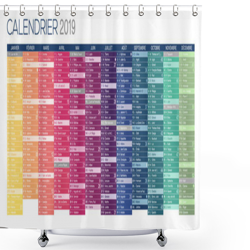 Personality  Calendar 2019, French Printable Calendar Template, Including Name Days, Lunar Phases And Official Holidays, Vector Illustration Shower Curtains