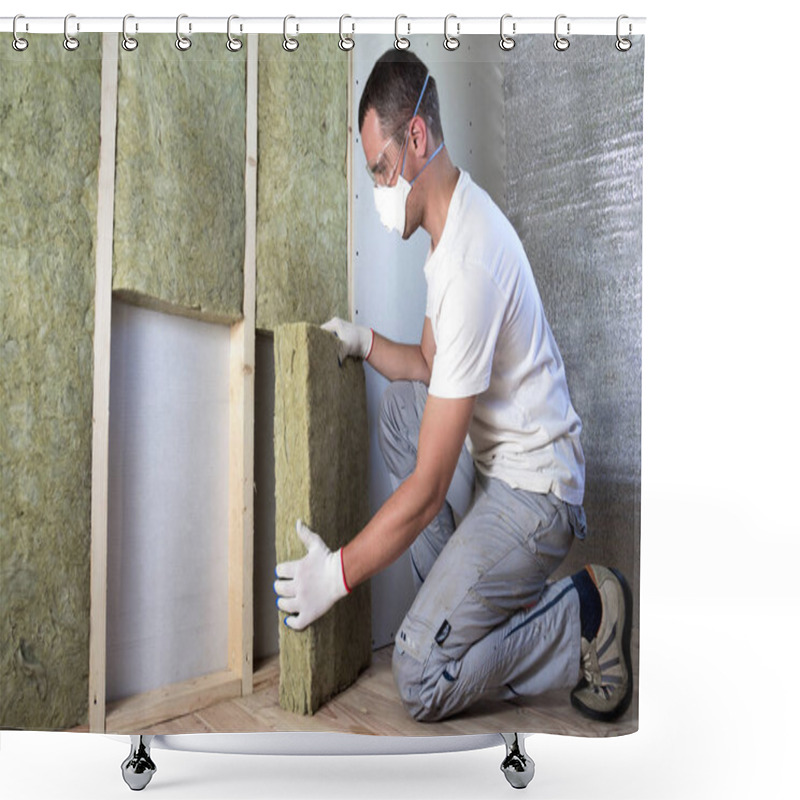 Personality  Worker In Protective Goggles And Respirator Insulating Rock Wool Insulation In Wooden Frame For Future House Walls For Cold Barrier. Comfortable Warm Home, Economy, Construction And Renovation Concept Shower Curtains