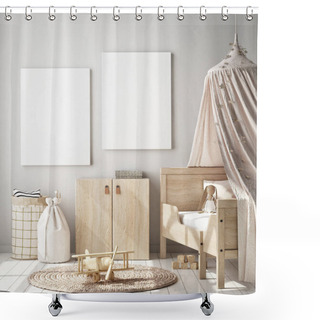 Personality  Mock Up Poster Frame In Children Bedroom, Scandinavian Style Interior Background, 3D Render, 3D Illustration Shower Curtains