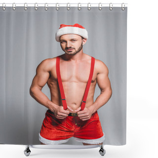 Personality  Confident Sexy Man In Christmas Hat And Shorts Holding Suspenders Isolated On Grey Background Shower Curtains
