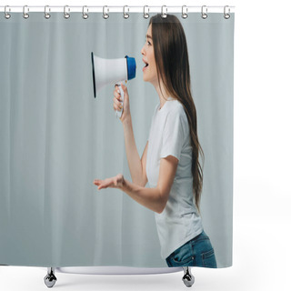 Personality  Side View Of Young Pretty Woman With Loudspeaker Isolated On Grey Shower Curtains