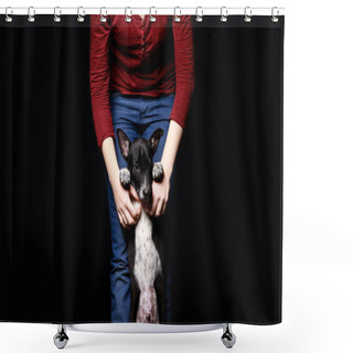 Personality  Cropped View Of Woman With Mongrel Dog On Hind Legs Isolated On Black Shower Curtains