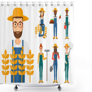 Personality  Set Of Agricultural Illustrations With Farmers. Shower Curtains
