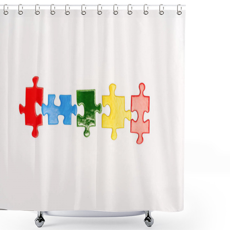 Personality  Top view of bright pieces of puzzle isolated on white, autism concept shower curtains