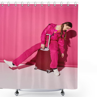 Personality  A Stylish Young Woman In Her 20s Sits Atop A Piece Of Luggage, Embodying Anticipation Of The Next Adventure In A Studio With A Pink Background. Shower Curtains