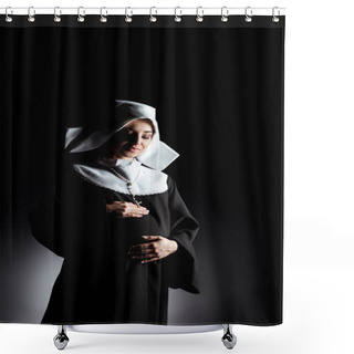 Personality  Beautiful Happy Pregnant Nun Touching Tummy On Black Shower Curtains