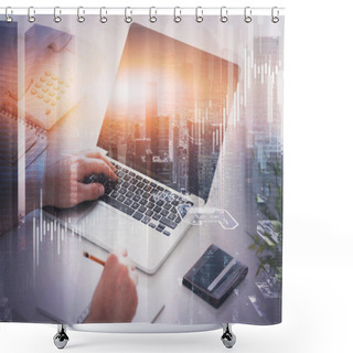 Personality  Hands Of Businessman Typing On Laptop In Blurry Office With Double Exposure Of Abstract Cityscape And Financial Graph. Concept Of Stock Market And Investment. Toned Image Shower Curtains