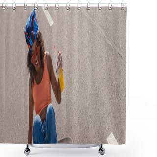 Personality  Happy African American Woman In Sunglasses Holding Plastic Cup With Orange Juice And Sitting On Longboard Outside, Banner Shower Curtains