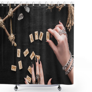 Personality  Top View Of Woman Touching Runes Near Crystals On Black  Shower Curtains