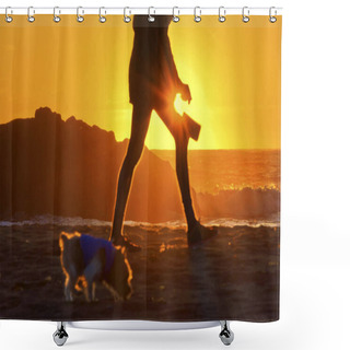 Personality  Woman Walking Dog On Ocean Beach At Sunset Shower Curtains