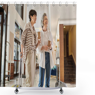 Personality  A Senior Lesbian Couple Stands With Luggage, Ready For Adventure. Shower Curtains
