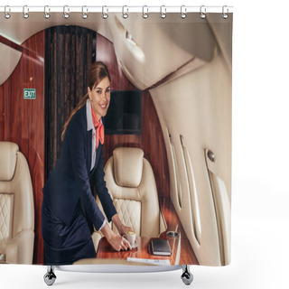 Personality  Smiling Flight Attendant Putting Cup Of Coffee On Table In Private Plane  Shower Curtains