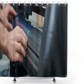 Personality  Cropped View Of Young Craftsman Holding Layer While Working With Screen Printing Machine In Blurred Workshop, Small Business Owner Working On Project, Banner  Shower Curtains