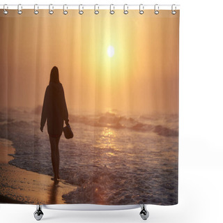 Personality  A Woman Walks Along The Sea Shore At Dawn, Splashes Shower Curtains