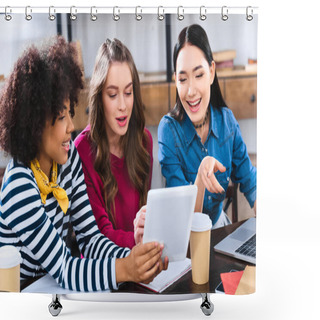 Personality  Portrait Of Multiethnic Young Students Using Tablet Together Shower Curtains