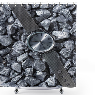Personality   Top View Of Grey Watch With Clock Hands On Stones Shower Curtains