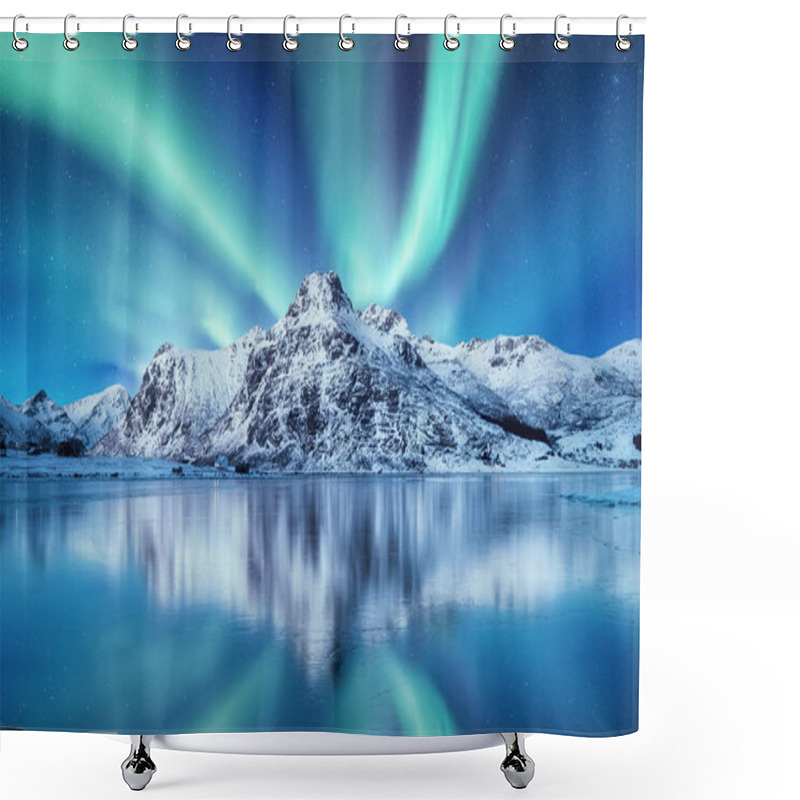 Personality  Aurora Borealis, Lofoten Islands, Norway. Nothen Light And Reflection On The Lake Surface. Winter Landscape At The Night Time. Norway Travel - Image Shower Curtains