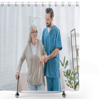 Personality  Social Worker Supporting Senior Woman In Eyeglasses With Walking Stick  Shower Curtains