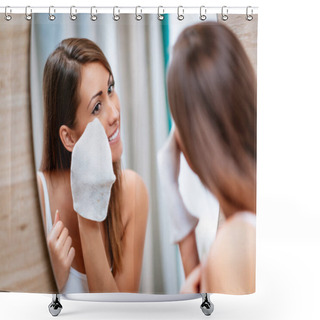 Personality  Smiling Young Woman Removing Make Up In Front Of Mirror In Bathroom Shower Curtains