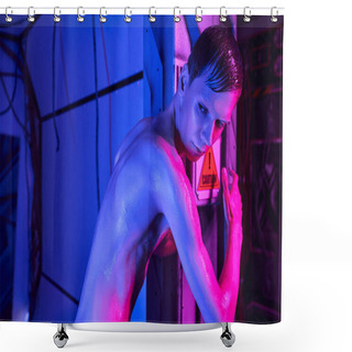 Personality  Science Fiction Concept, Humanoid Alien Standing In Neon Light Of Futuristic Discovery Center Shower Curtains
