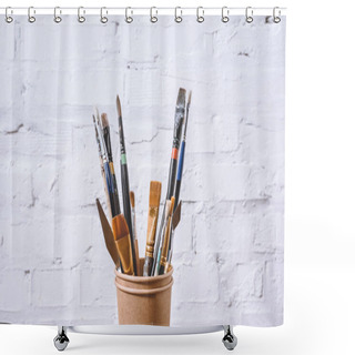 Personality  Paint Brushes In Paper Cups On White Wall Shower Curtains