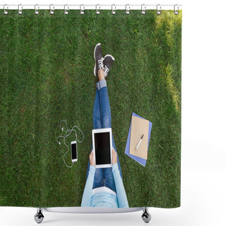 Personality  Top View Of Woman Sitting On The Green Grass With Tablet Shower Curtains