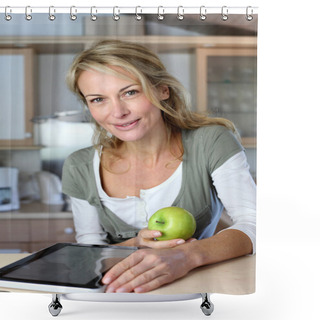 Personality  Cheerful Adult Woman Websurfing With Tablet And Eating Apple Shower Curtains