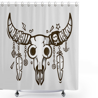 Personality  Boho Chic. Ethnic Tattoo Style. Native American Or Mexican Bull Skull With Feathers On Horns. Shower Curtains