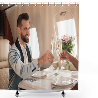 Personality  Partial View Of African American Woman Clinking Glasses Of Champagne With Elegant Man At Served Table In Private Plane Shower Curtains