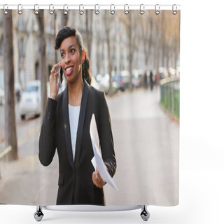 Personality  Foreign Student Talking By Smartphone, Walking And Close Up Of F Shower Curtains