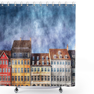 Personality  Painted Houses With Windows And Blue Sky With Clouds  Shower Curtains