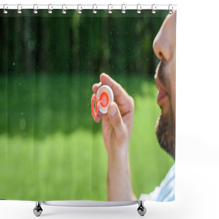 Personality  Cropped Shot Of Bearded Man Blowing Soap Bubbles In Park Shower Curtains