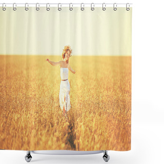 Personality  Happy Young Woman Enjoying Life In Golden Wheat Field Shower Curtains