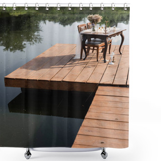 Personality  Romantic Table Set For Dinner On Wooden Pier Near Lake Shower Curtains