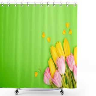 Personality  Top View Of Yellow And Pink Tulips With Decorative Hearts On Green Background, Spring Concept  Shower Curtains