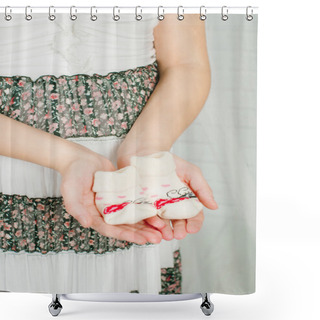 Personality  Baby Socks In  Hands Of Pregnant Woman Shower Curtains