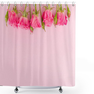 Personality  Pink Fresh Rose Branches Border And Empty Space For Text Isolated On Pastel Background. Shower Curtains