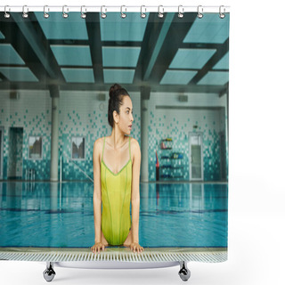 Personality  A Young Brunette Woman In A Swimsuit Sits Gracefully At The Edge Of An Indoor Swimming Pool, Exuding Serenity And Relaxation. Shower Curtains
