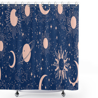 Personality  Seamless Blue Space Pattern With Sun, Crescent And Stars On A Blue Background. Mystical Ornament Of The Night Sky For Wallpaper, Fabric, Astrology, Fortune Telling. Vector Illustration. Shower Curtains