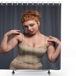 Personality  Seductive Curvy Model With Red Wavy Hair In Beige Underwear Looking At Camera On Dark Grey Backdrop Shower Curtains