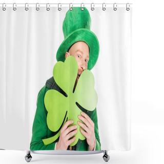 Personality  Leprechaun In Green Suit Holding Clover, Isolated On White Shower Curtains