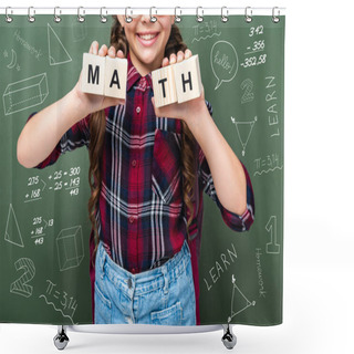 Personality  Cropped Image Of Schoolchild Holding Wooden Cubes With Word Math Near Blackboard With Mathematics Symbols Shower Curtains