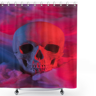 Personality  Spooky Human Skull In Red Lighting With Cotton Wool, Halloween Decoration Shower Curtains
