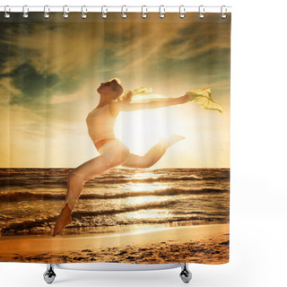 Personality  Beautiful Woman Jumping On A Beach Shower Curtains