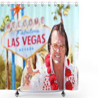 Personality  Elvis Impersonator Man In Front Of Las Vegas Sign Shower Curtains